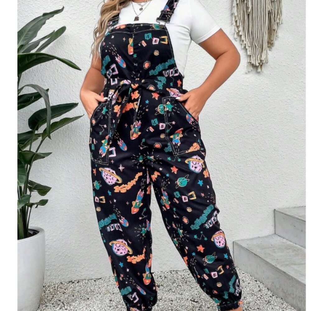 4XL (20) Plus Cartoon Graphic Belted Overall Jumpsuit Without Tee